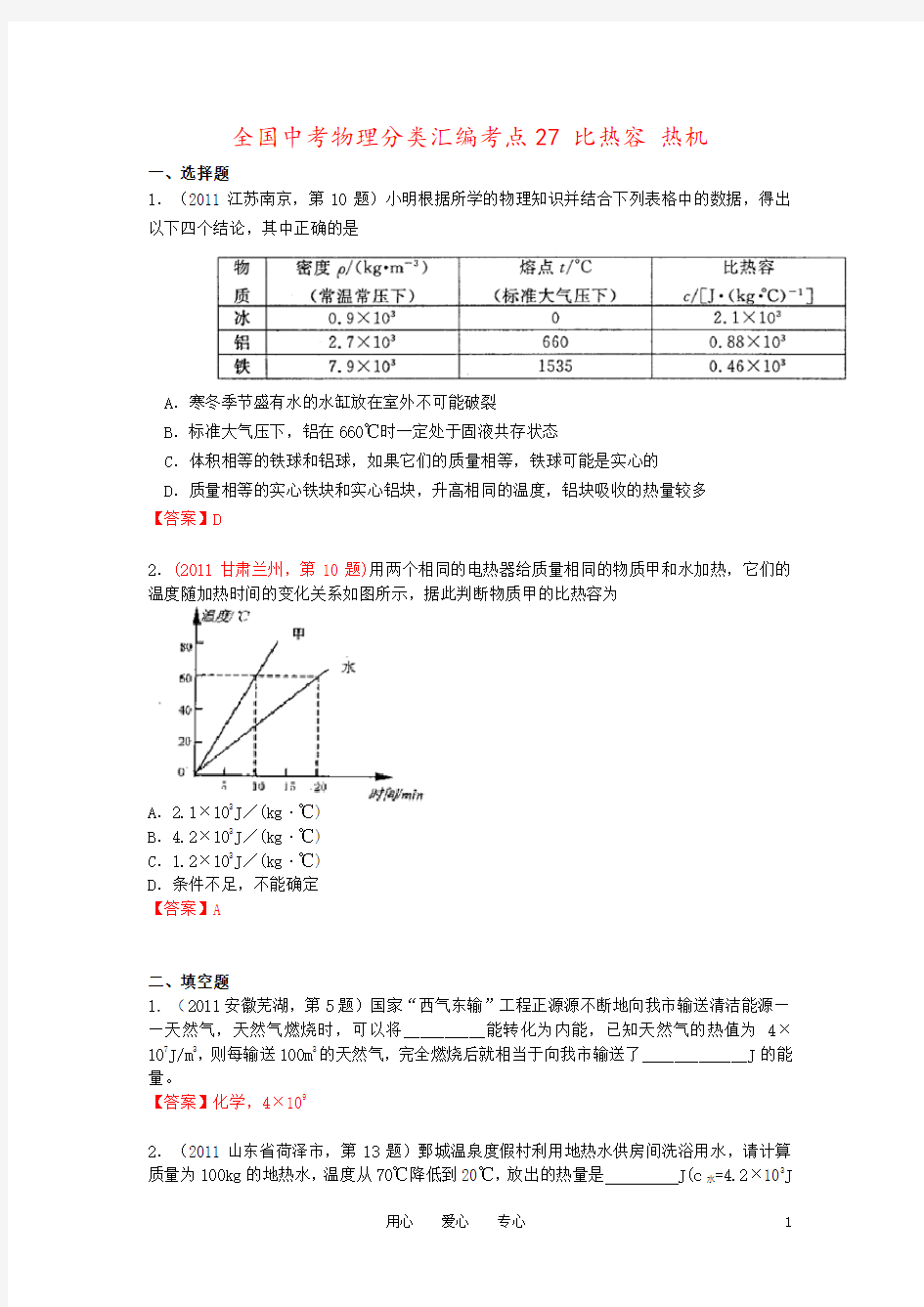 全国中考物理分类汇编考点27 比热容 热机