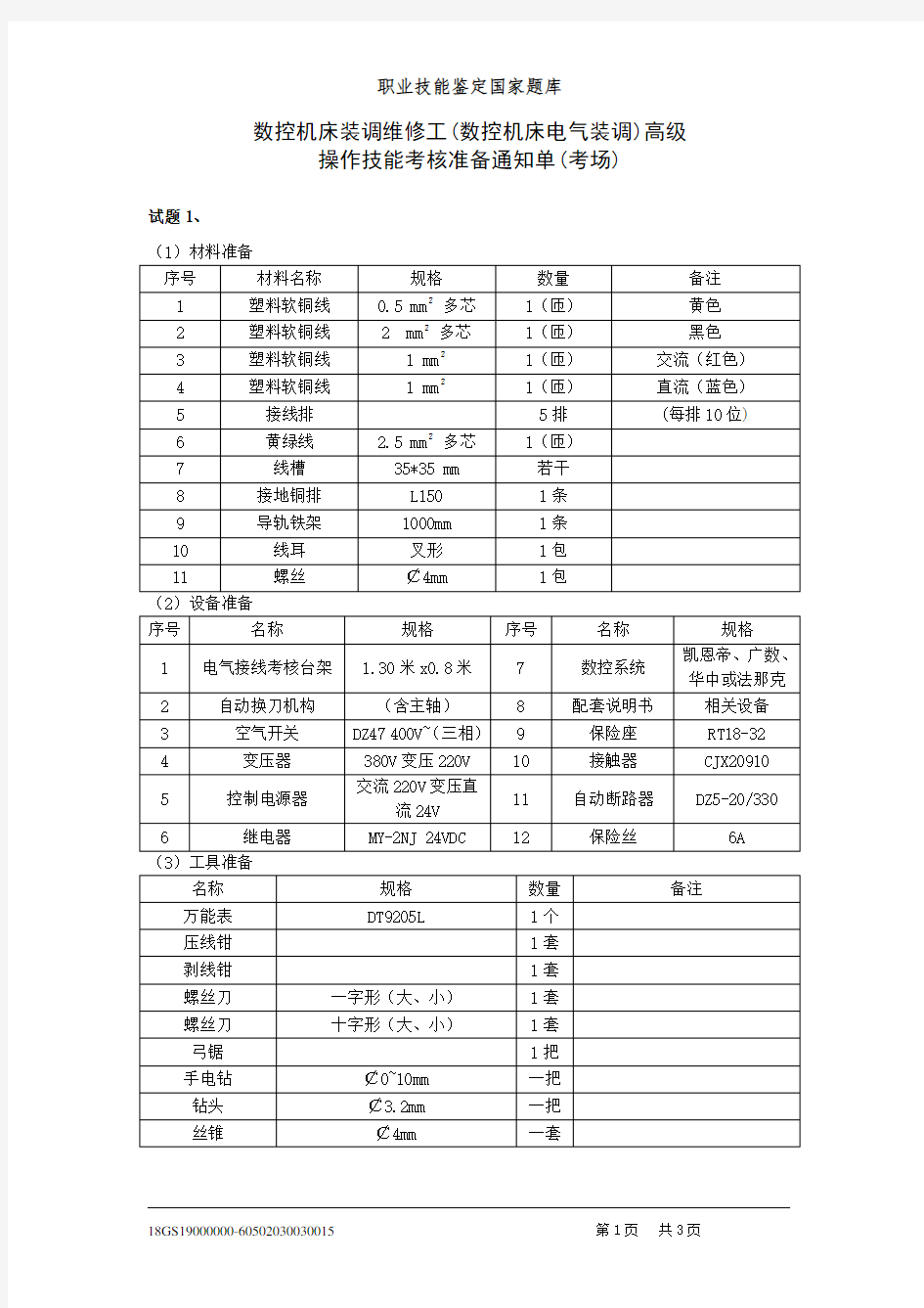 广东数控机床装调维修工(数控机床电气装调)高级操作技能考核准备通知单(考场)03