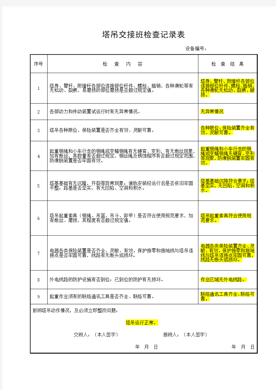 塔吊司机交接班记录 