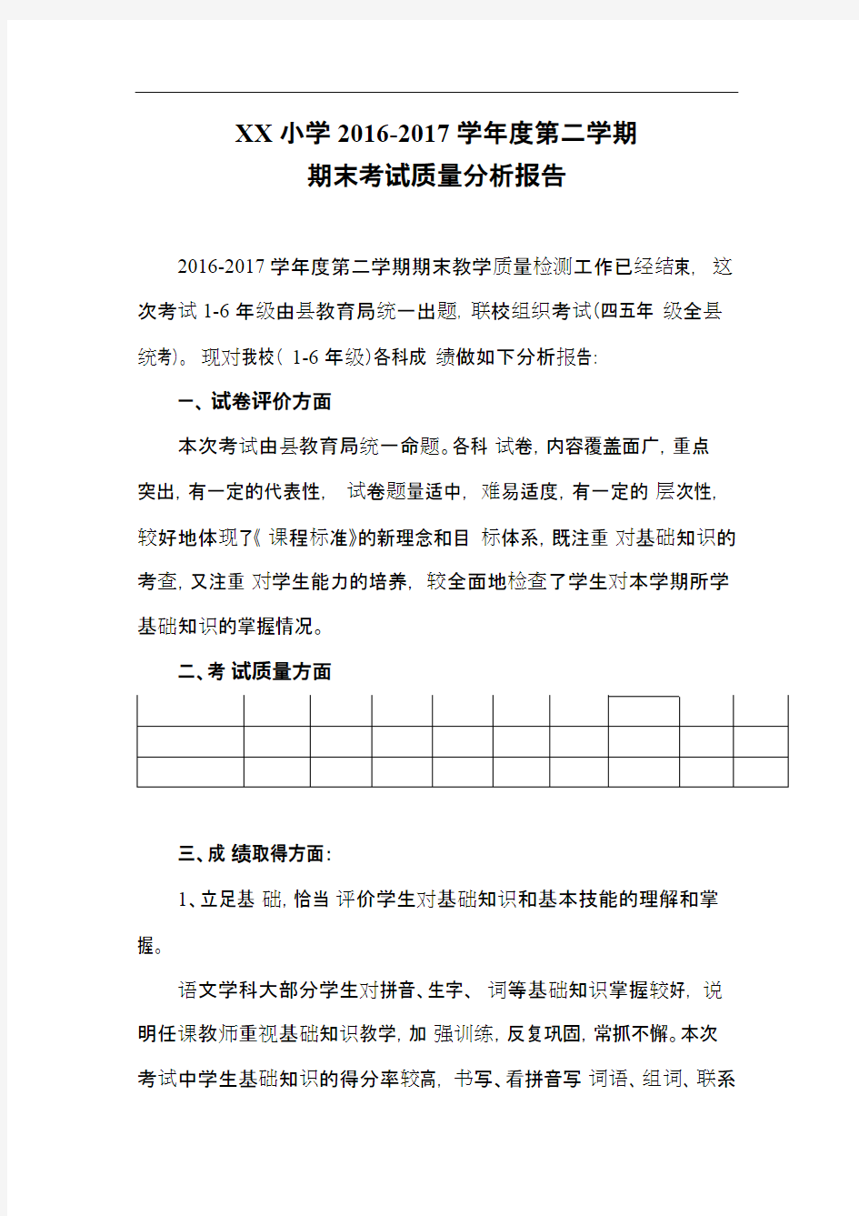 (完整)小学期末考试质量分析报告书