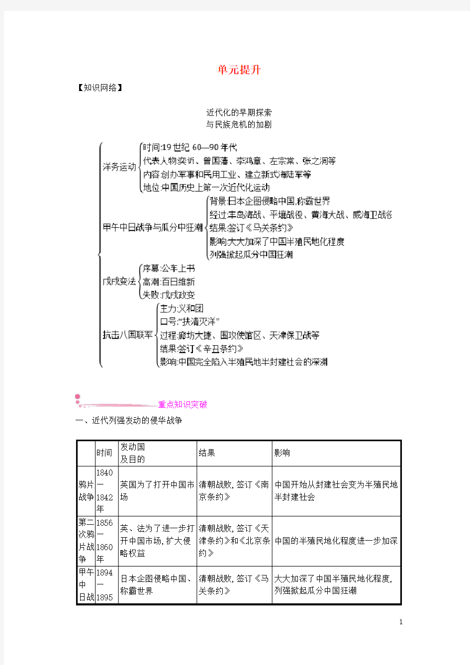 人教版八年级历史上册第二单元近代化的早期探索与民族危机的加剧单元提升(含答案)