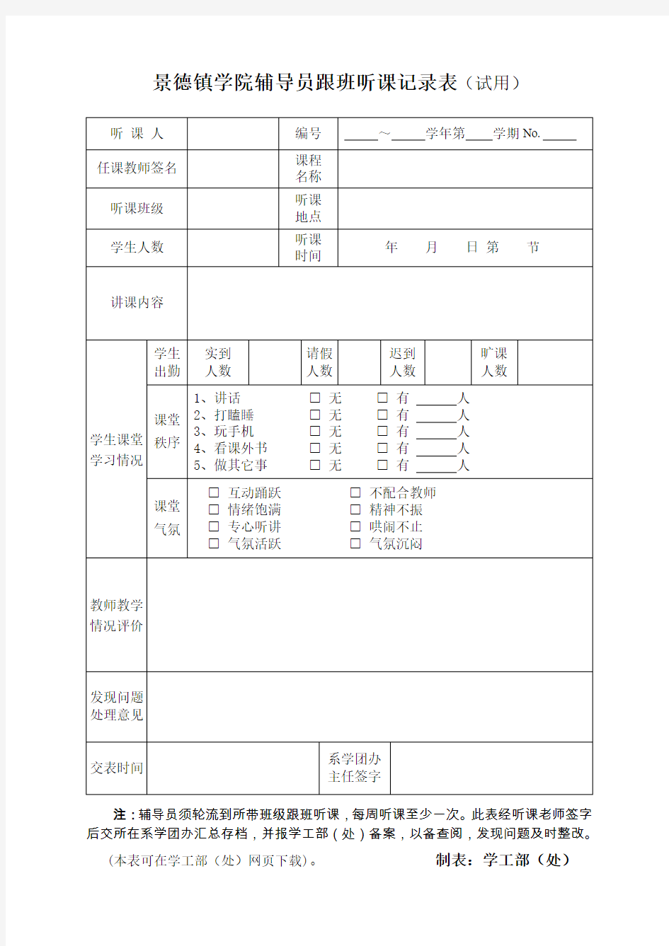 景德镇学院辅导员跟班听课记录表