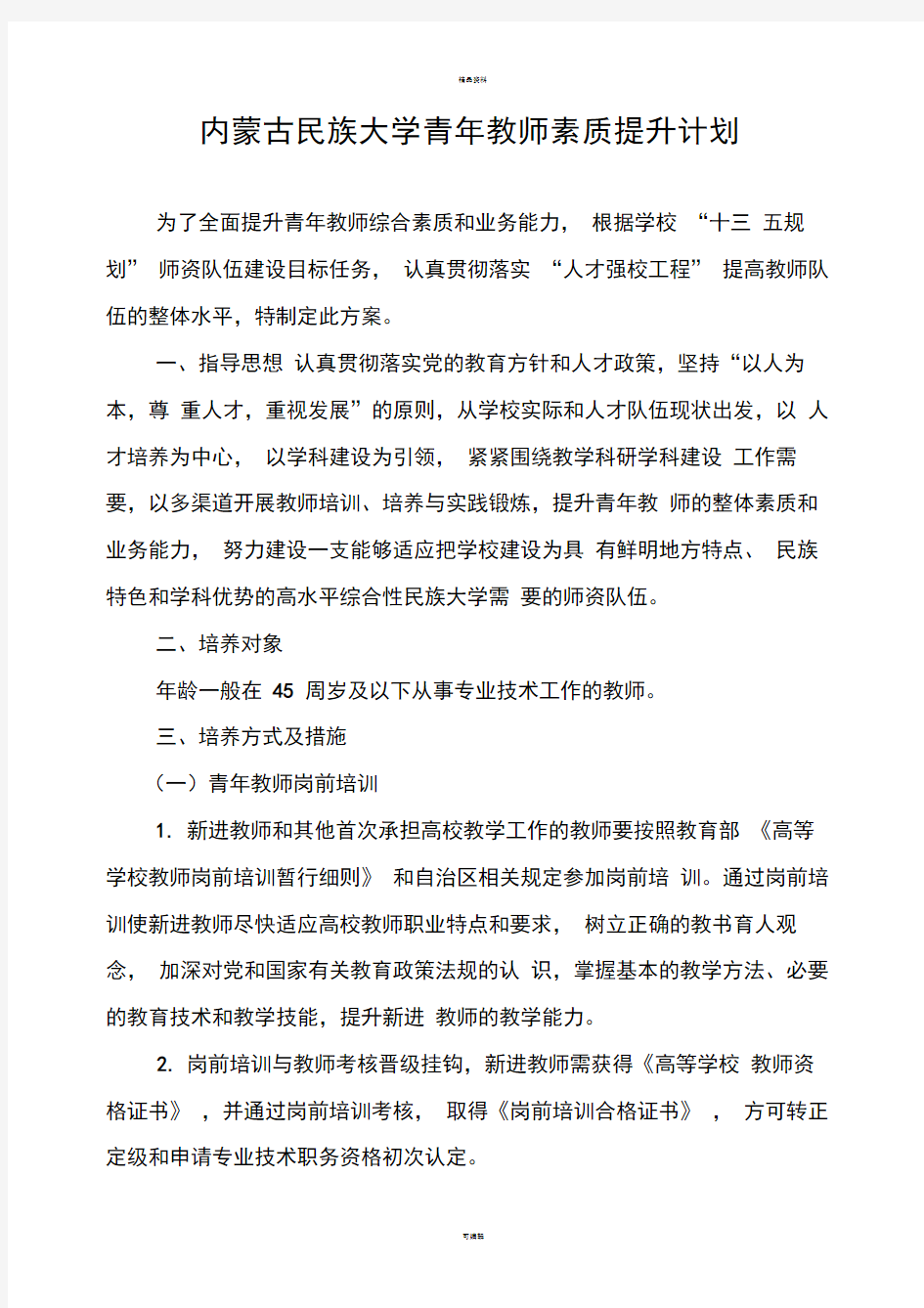 内蒙古民族大学青年教师素质提升计划