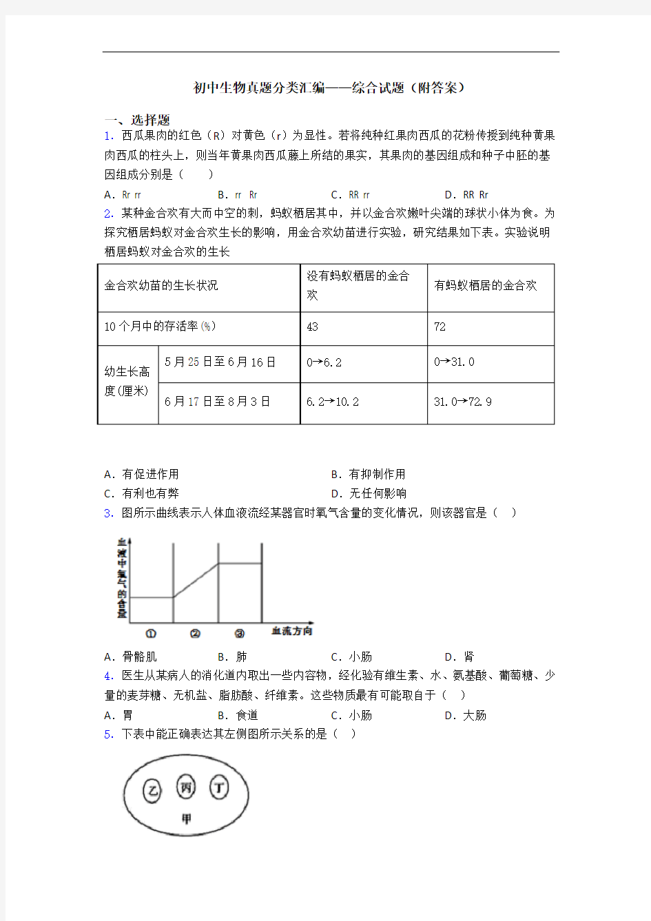 初中生物真题分类汇编——综合试题(附答案)