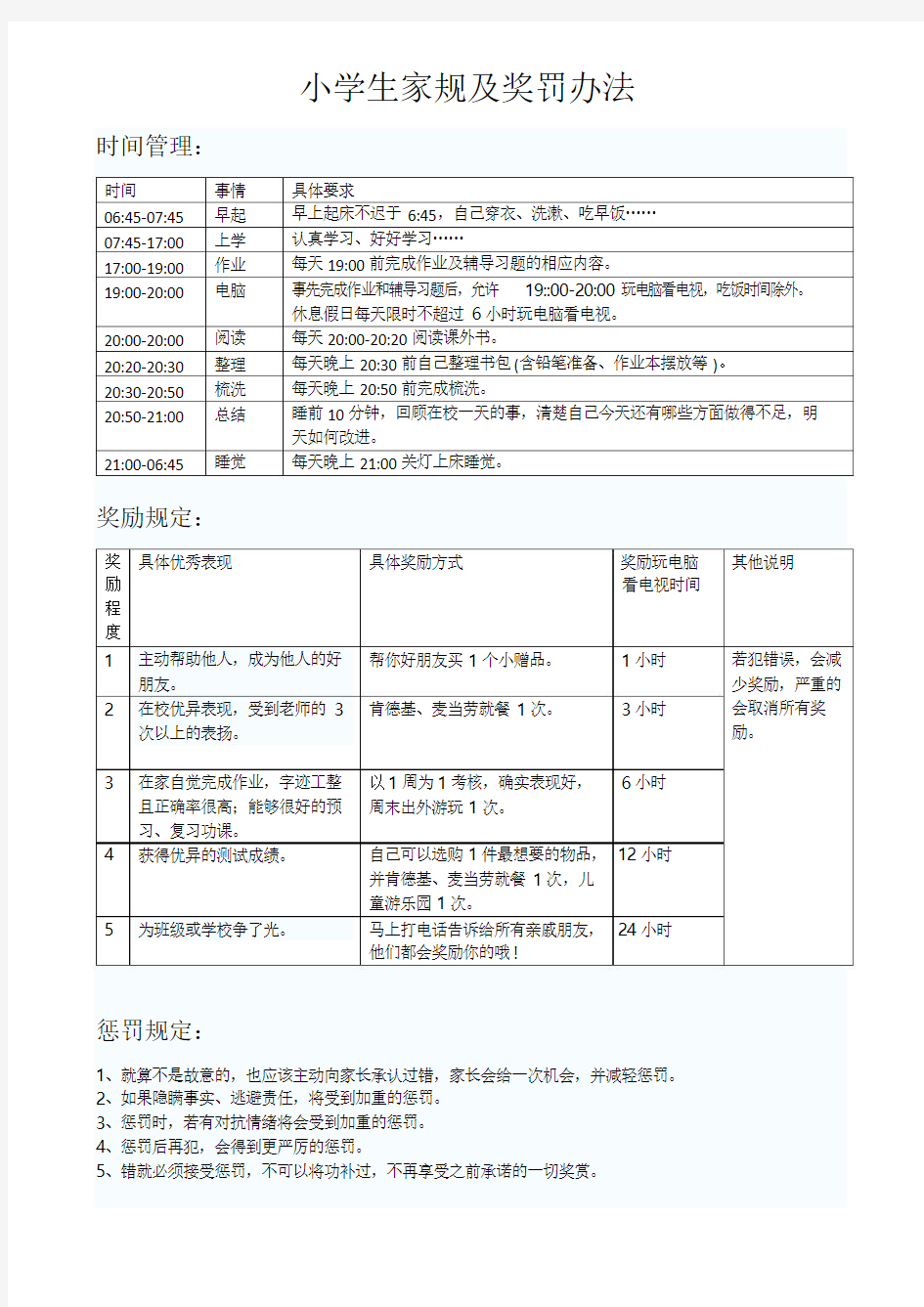 小学生家规及奖罚办法 精品