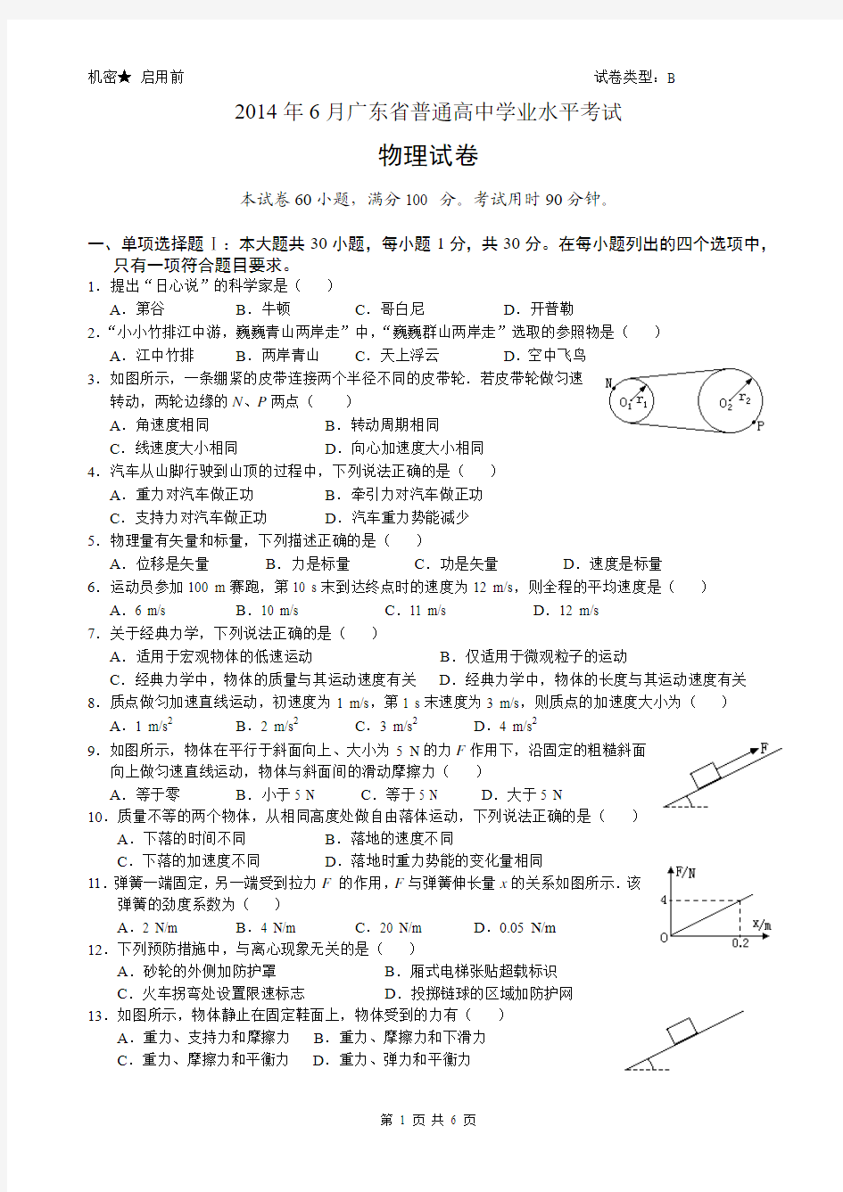 2014年6月广东省普通高中学业水平考试+答案(物理)