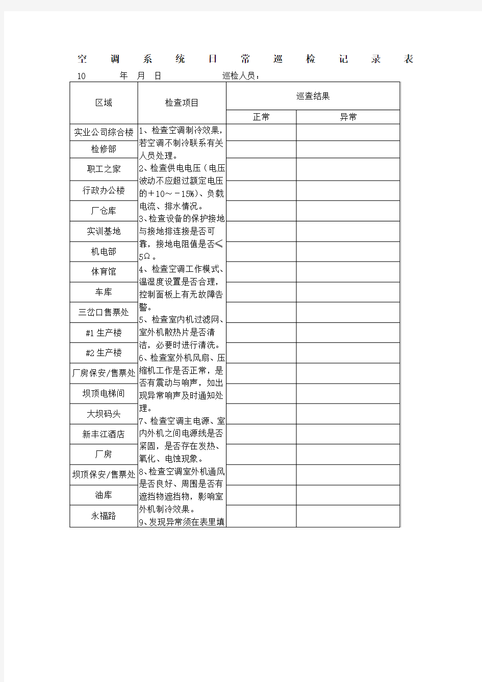 空调系统日常巡检记录表