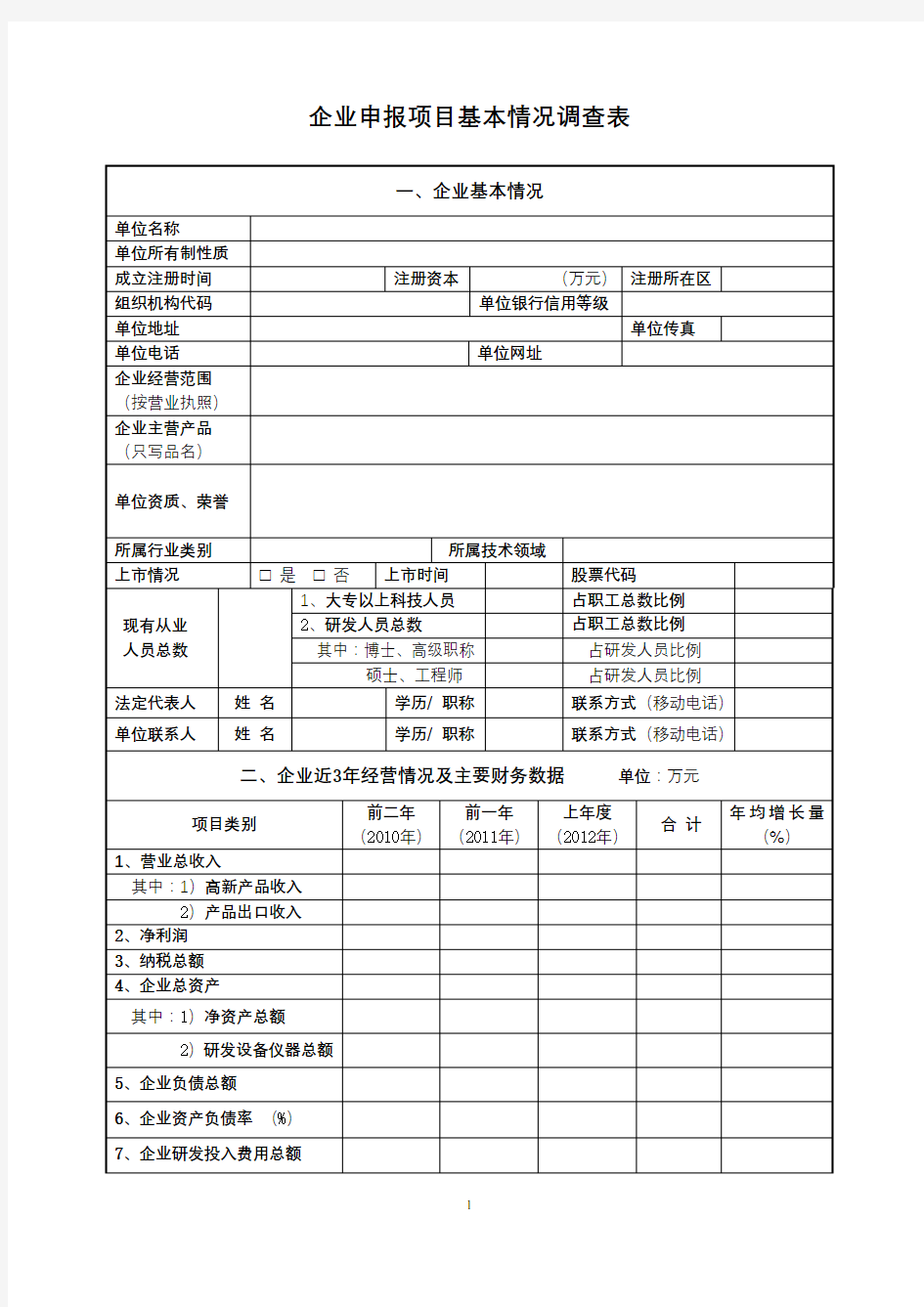 企业申报项目基本情况调查表【模板】