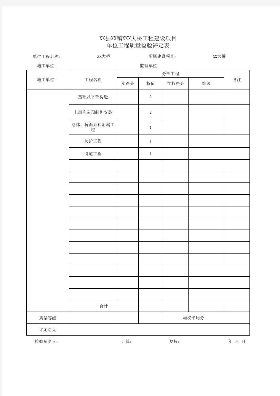 桥梁单位、分部工程评定汇总表