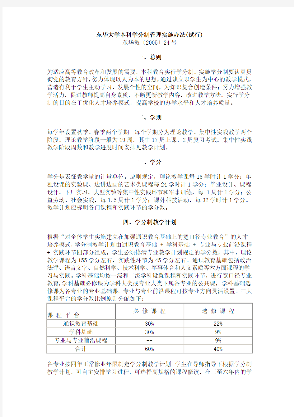 东华大学本科学分制管理实施办法(试行)