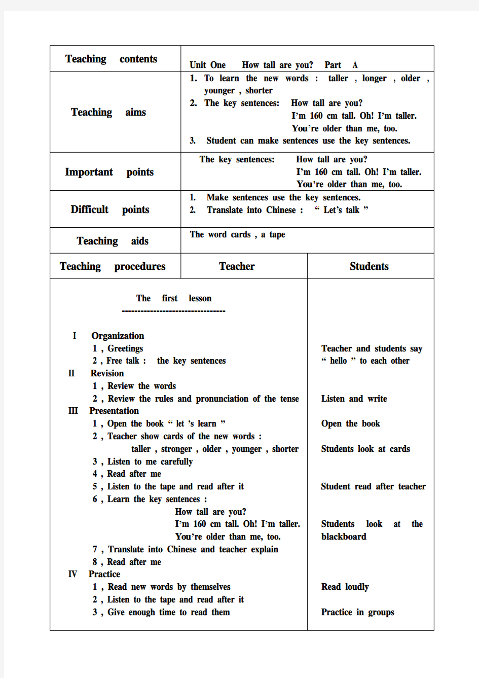 新版PEP小学六年级下册英语教案(全英)Unit1.A.