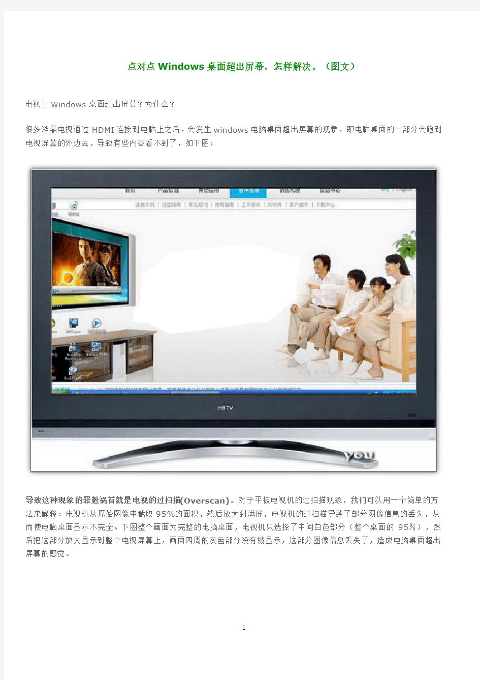 HDMI连接电视,点对点Windows桌面超出屏幕怎样解决