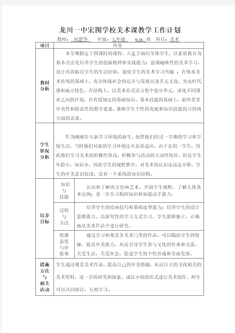 岭南版美术七年极(上)美术教学计划