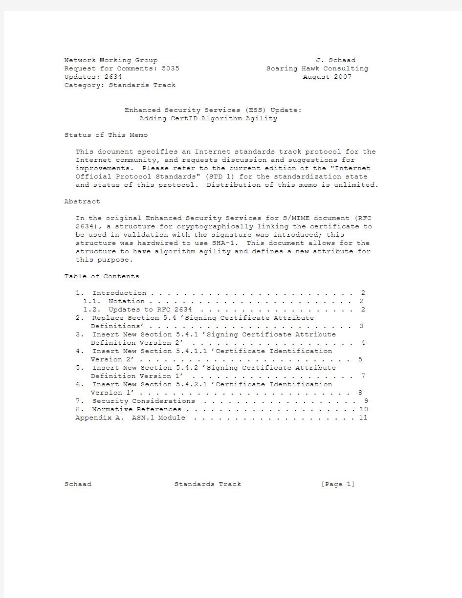 rfc5035.Enhanced Security Services (ESS) Update Adding CertID Algorithm Agility