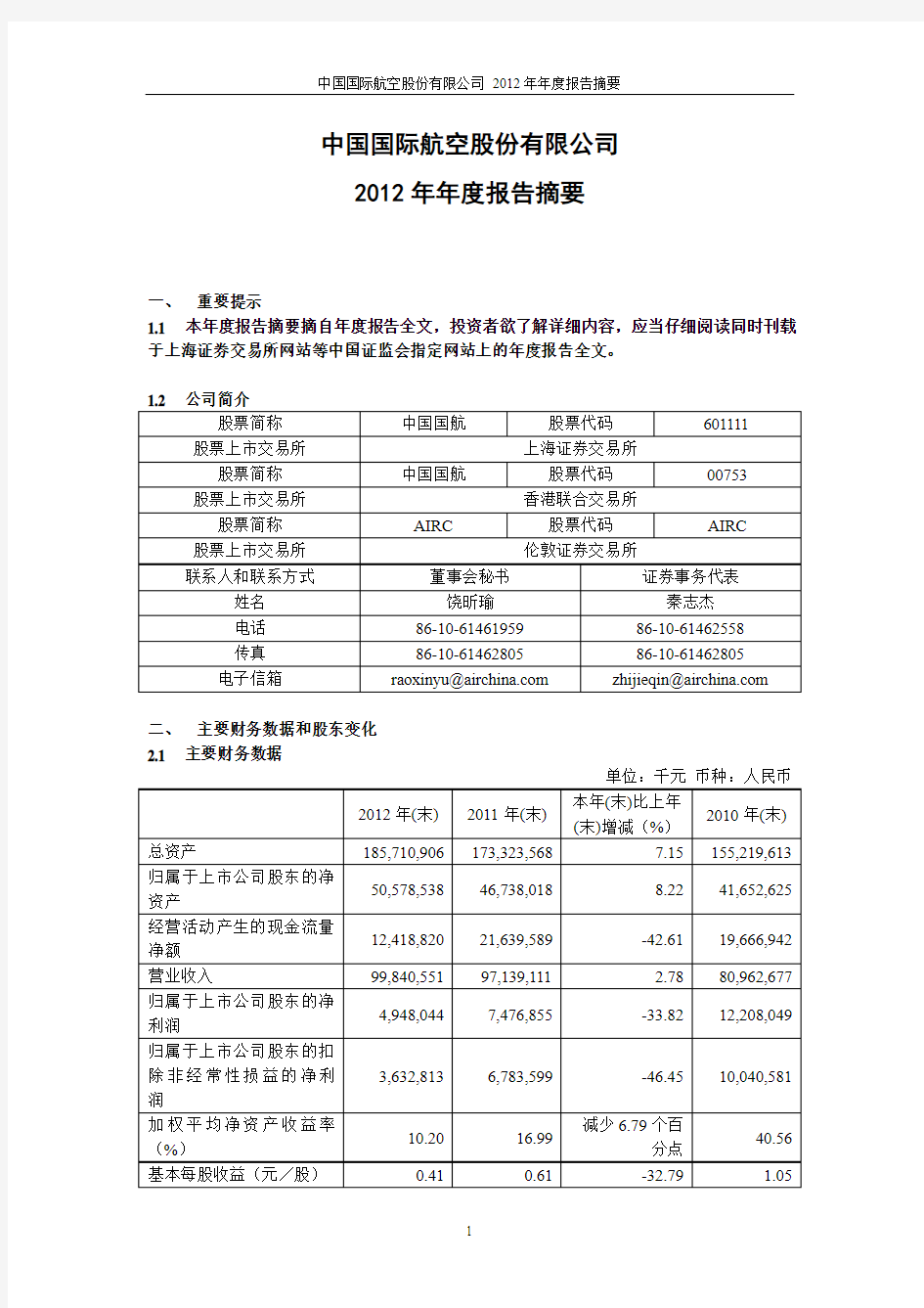中国国航2012年年报摘要601111