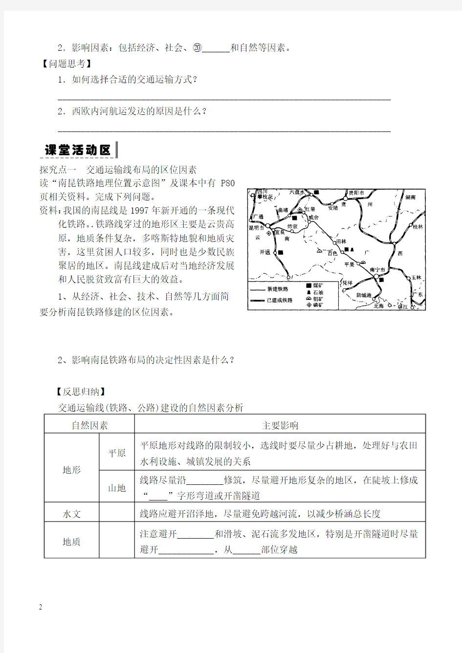 交通运输布局及其影响   导学案