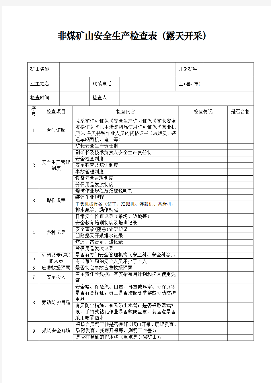 非煤矿山安全生产检查表(露天开采)