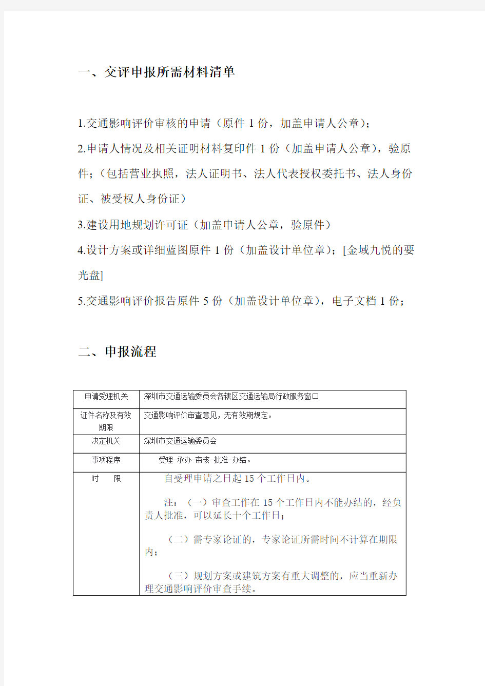 深圳市申报交评所需材料清单和申报流程