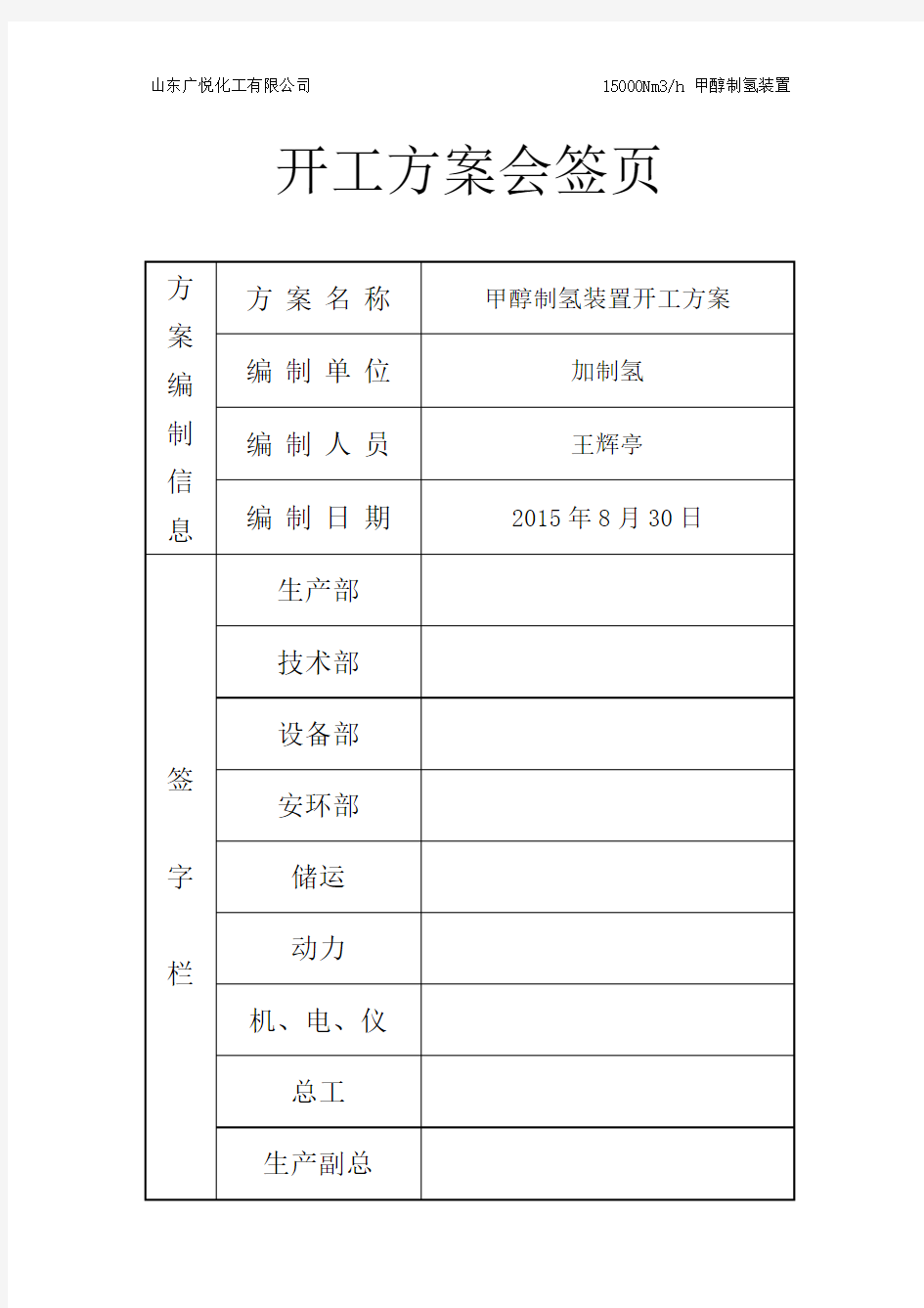 制氢开工方案8.30