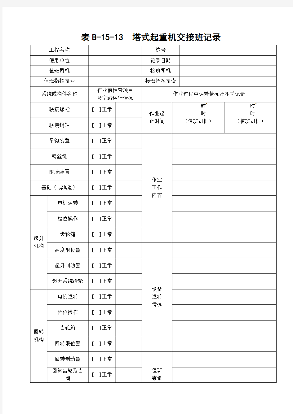 表B-15-13塔式起重机交接班记录