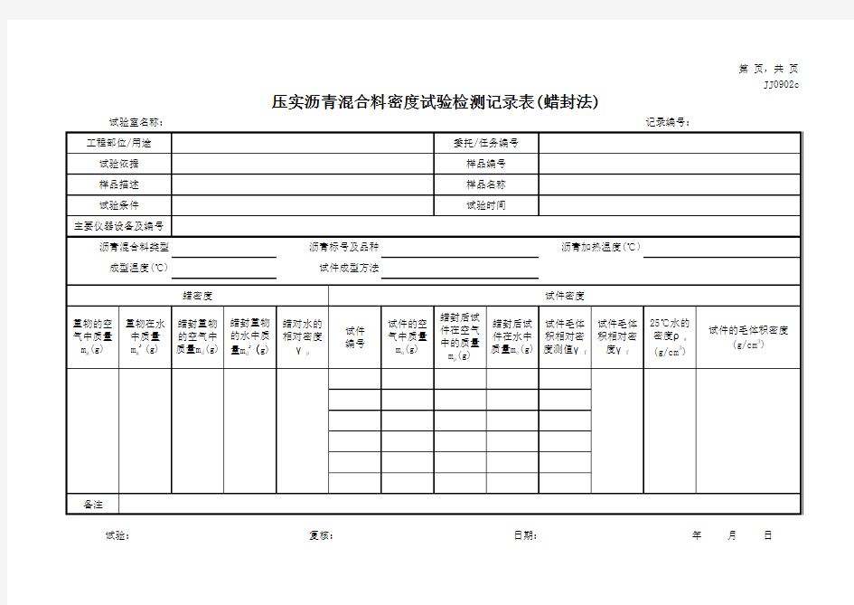 压实沥青混合料密度试验检测记录表(蜡封法)