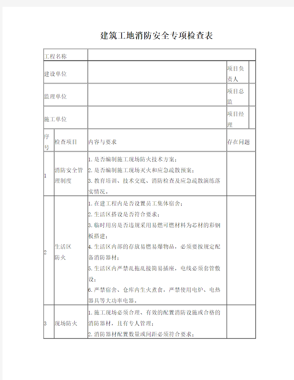 建筑工地消防安全专项检查表