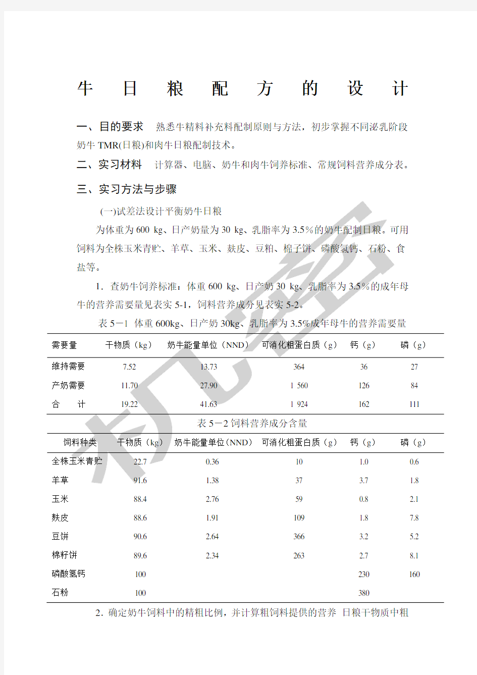 牛日粮配方的设计