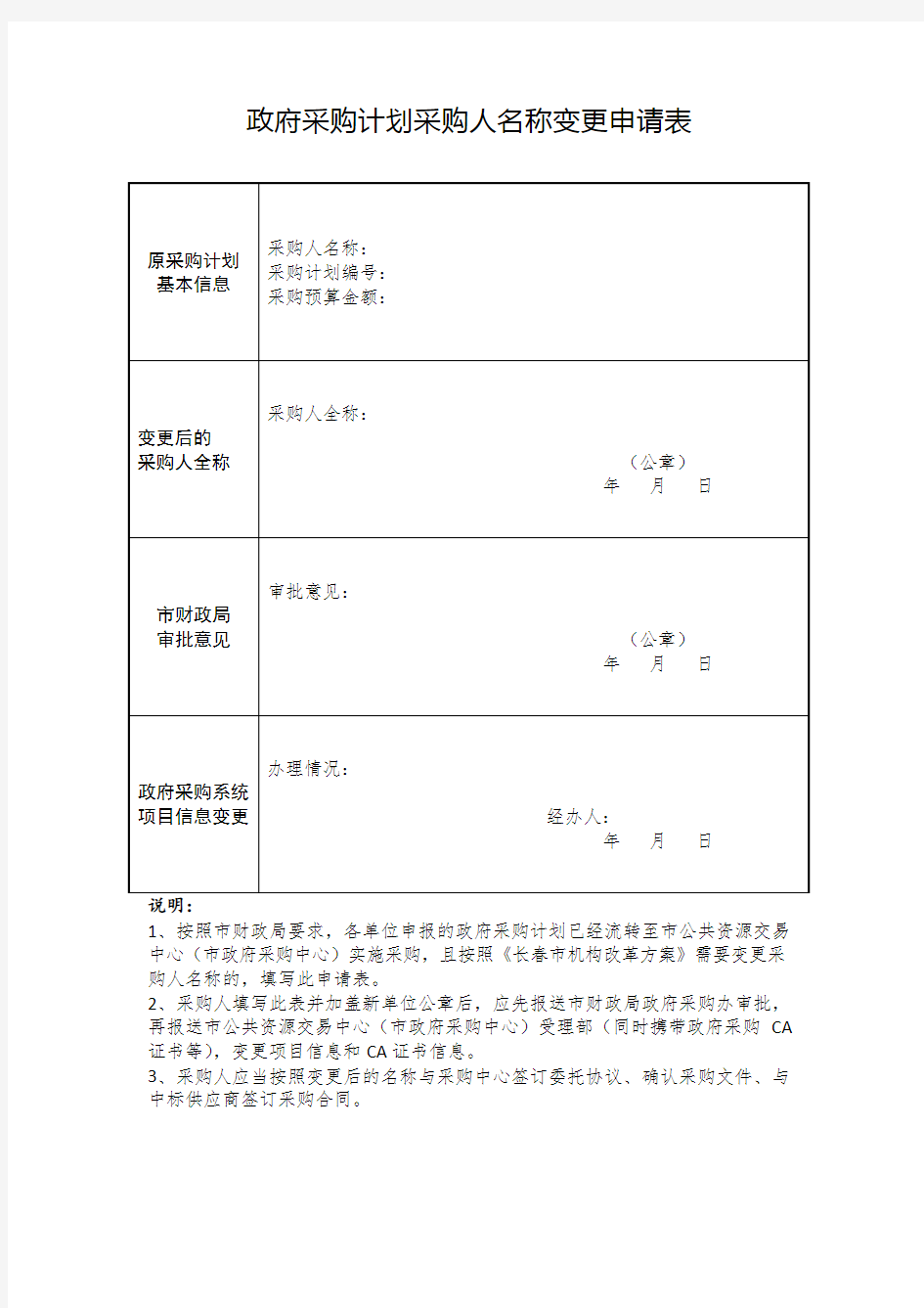 政府采购计划采购人名称变更申请表