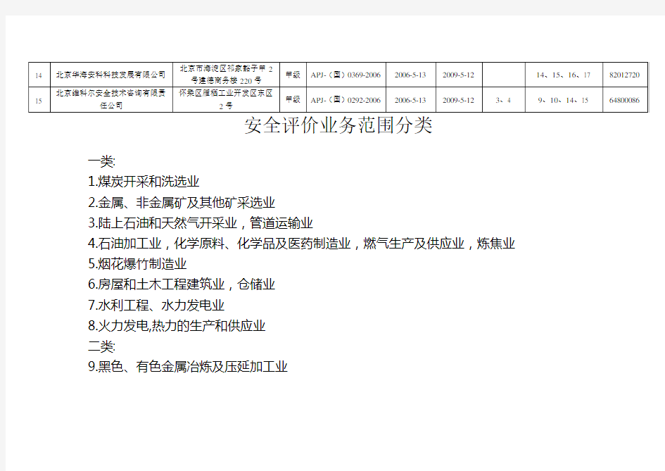 北京安全评价机构一览表