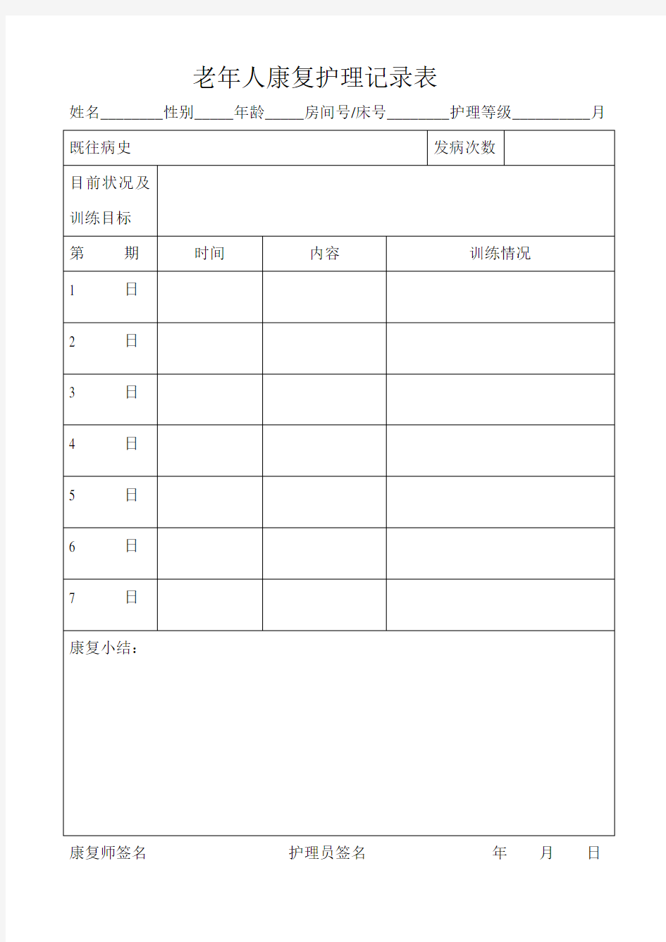 老年人康复护理记录表