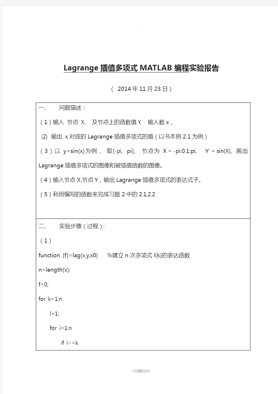 Lagrange插值多项式MATLAB编程实验报告