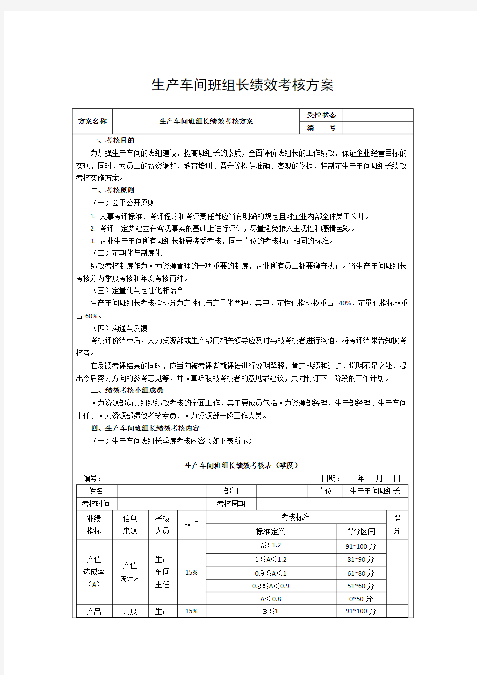 生产车间班组长绩效考核方案