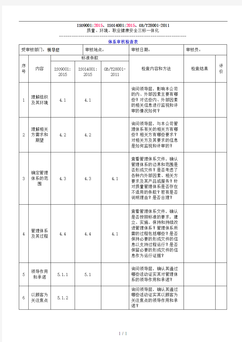 2015年版三标一体化管理体系内审检查表