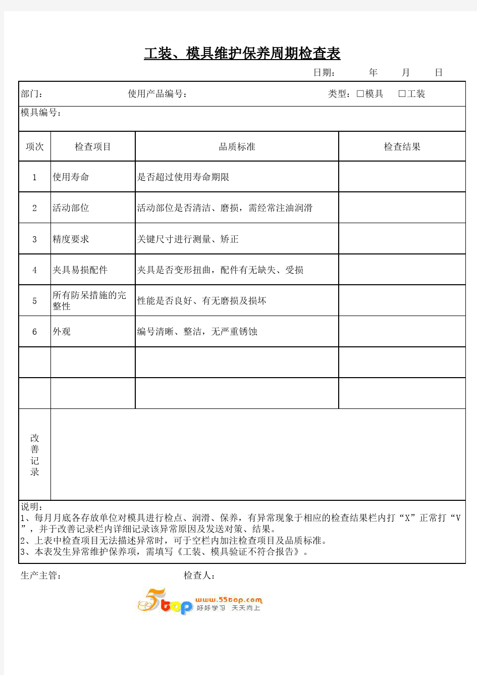 工装模具维护保养周期检查表