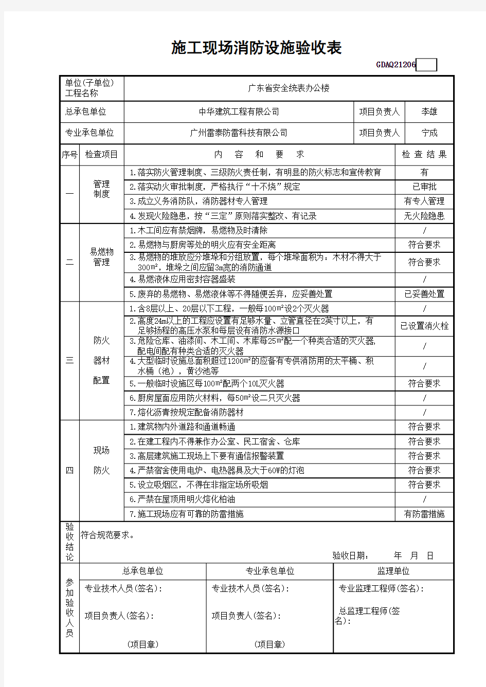 施工现场消防设施验收表GDAQ21206