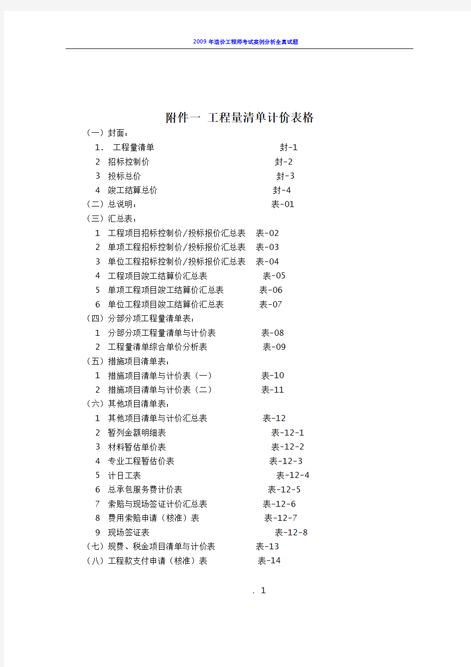 2013工程量清单计价完整表格.