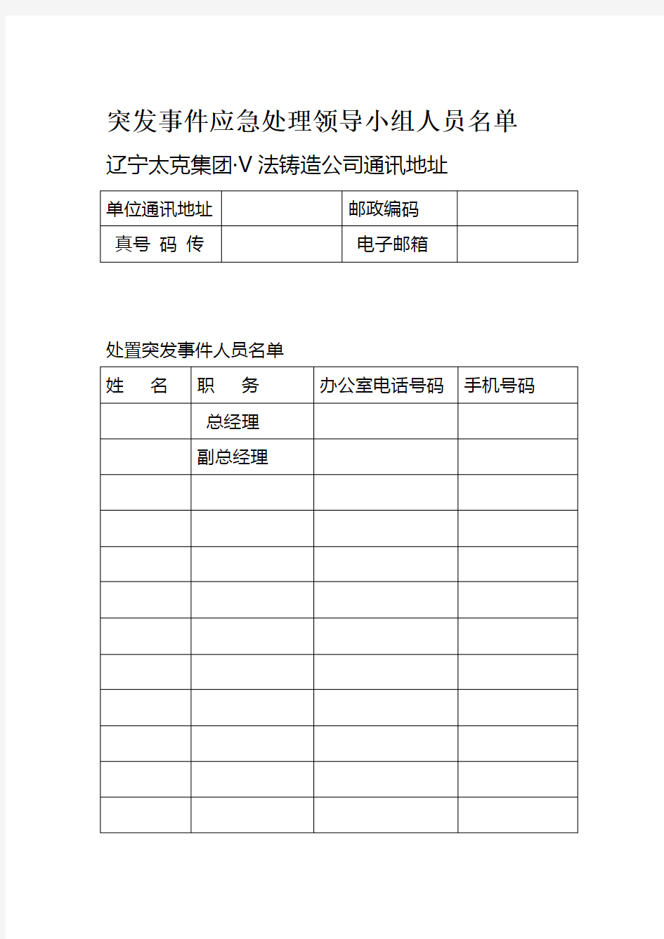 突发事件应急处理领导小组人员名单