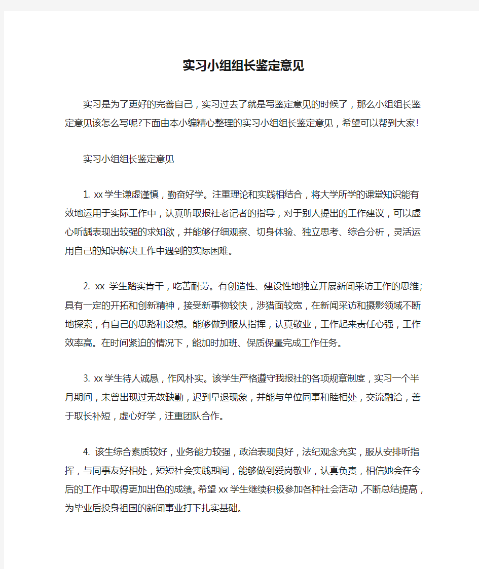  实习小组组长鉴定意见