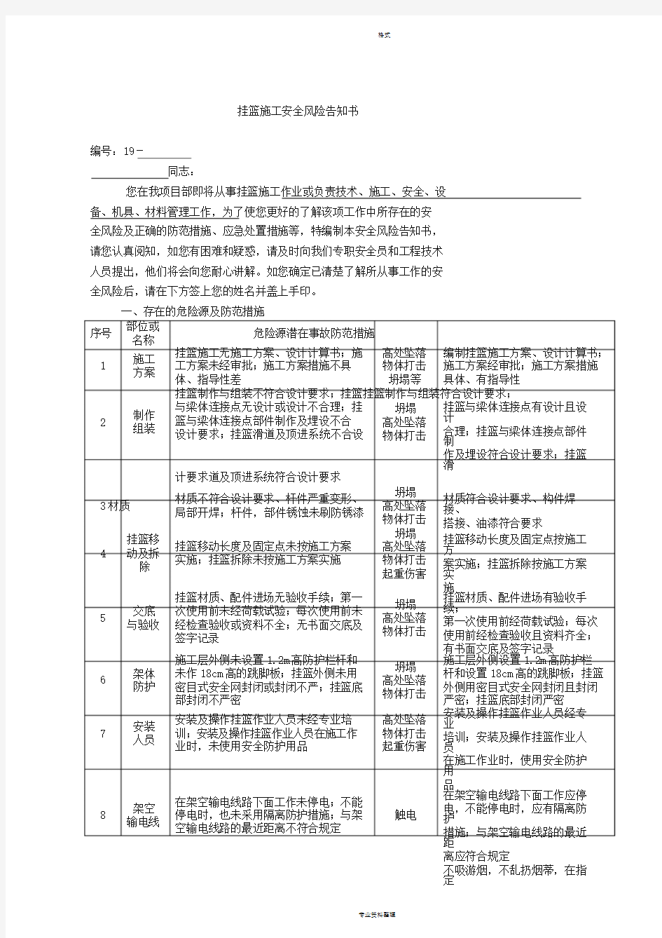 挂篮施工安全风险告知书