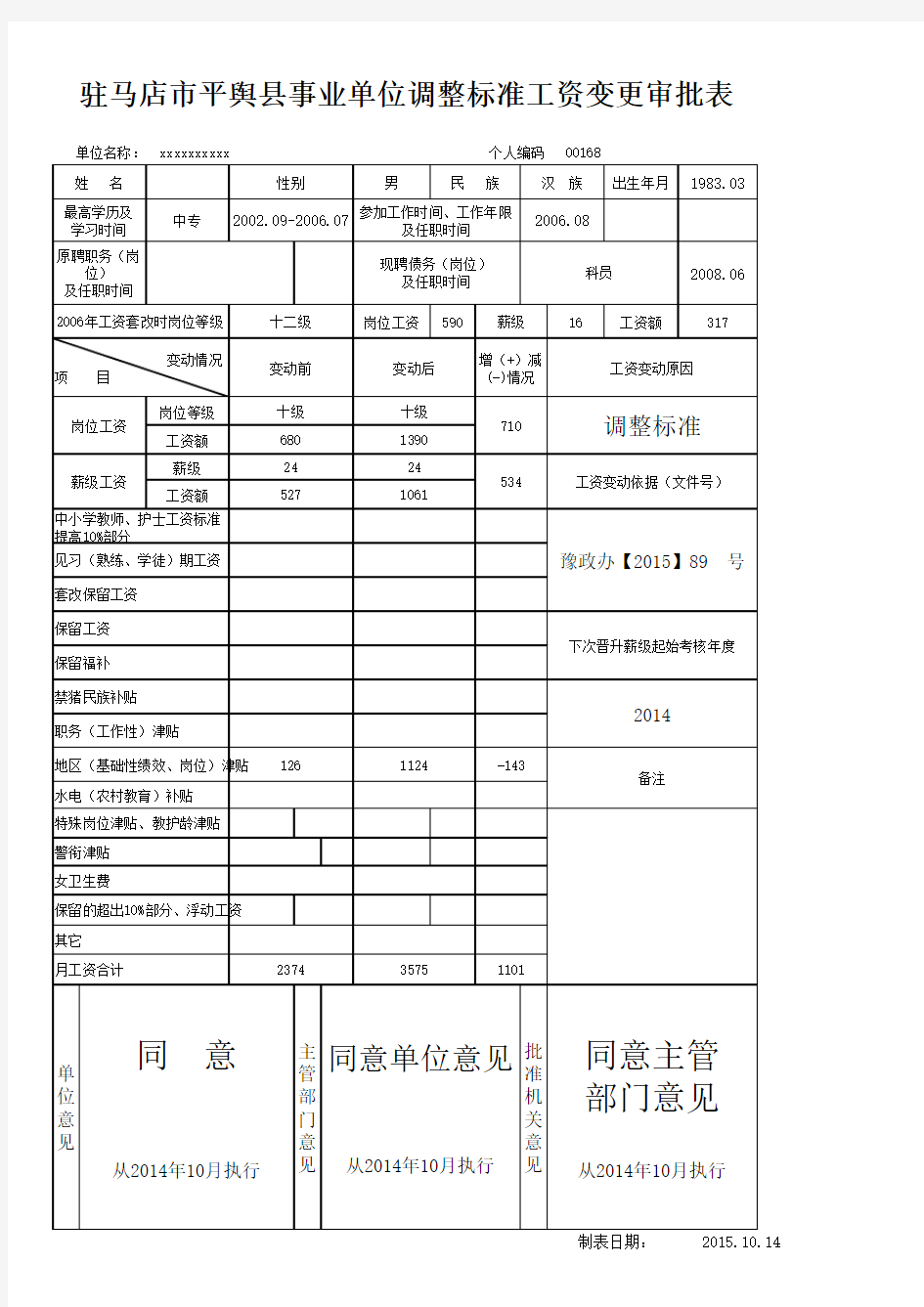 驻马店市平舆县事业单位调整标准工资变更审批表