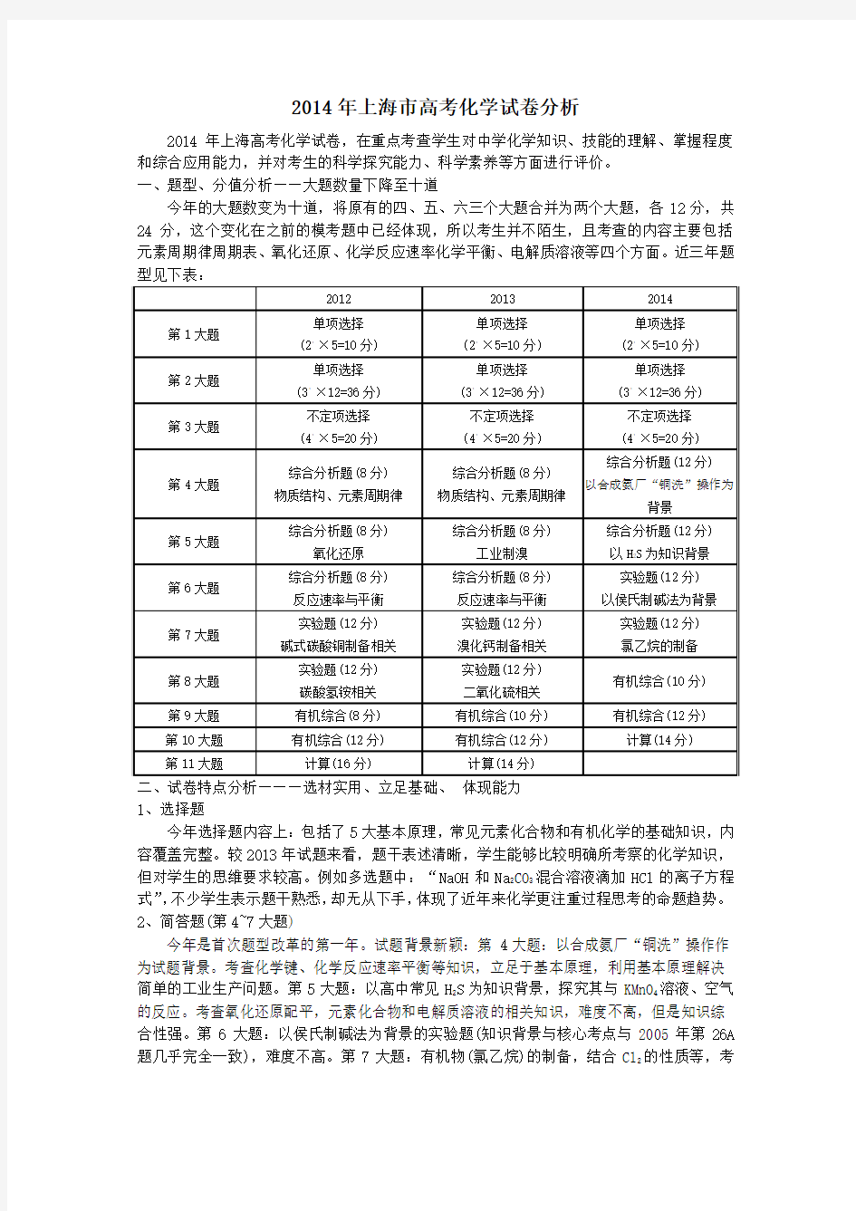 2014年上海市高考化学试卷分析