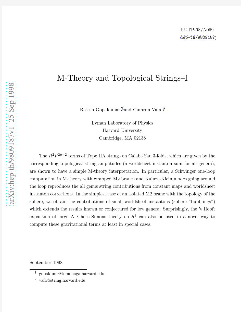 M-Theory and Topological Strings--I