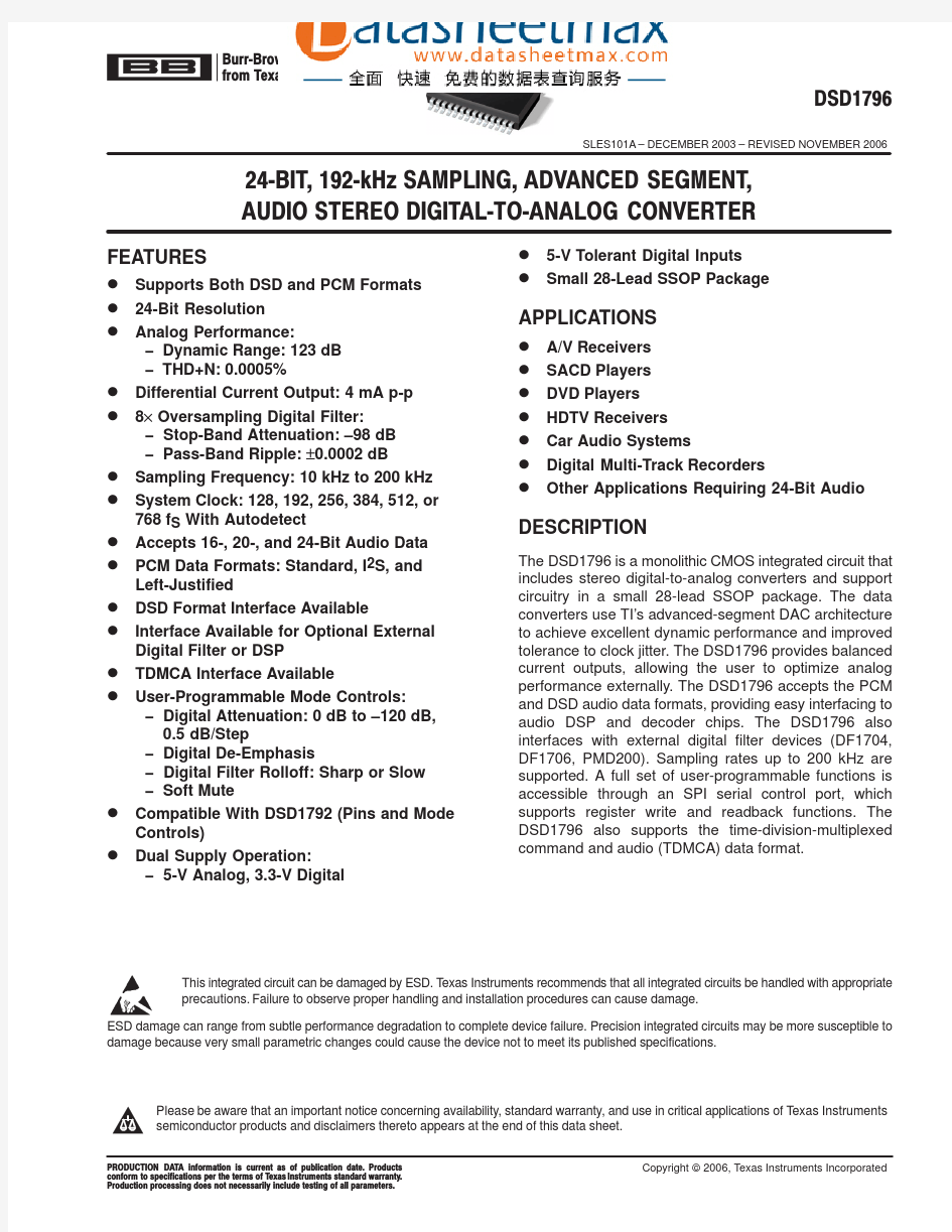 IC datasheet pdf-DSD1796,pdf(24-Bit 192-kHz Sampling Advanced-Segment Audio Stereo DAC)