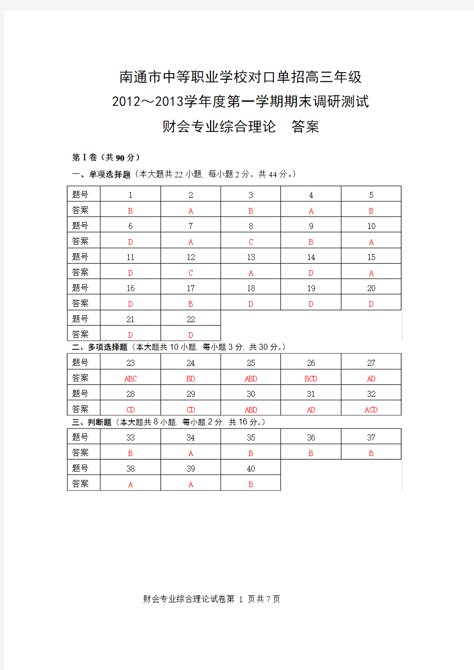 会计专业综合理论答案(正)13南通市一模财会