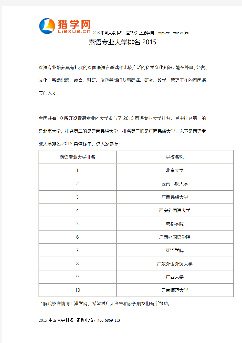 泰语专业大学排名