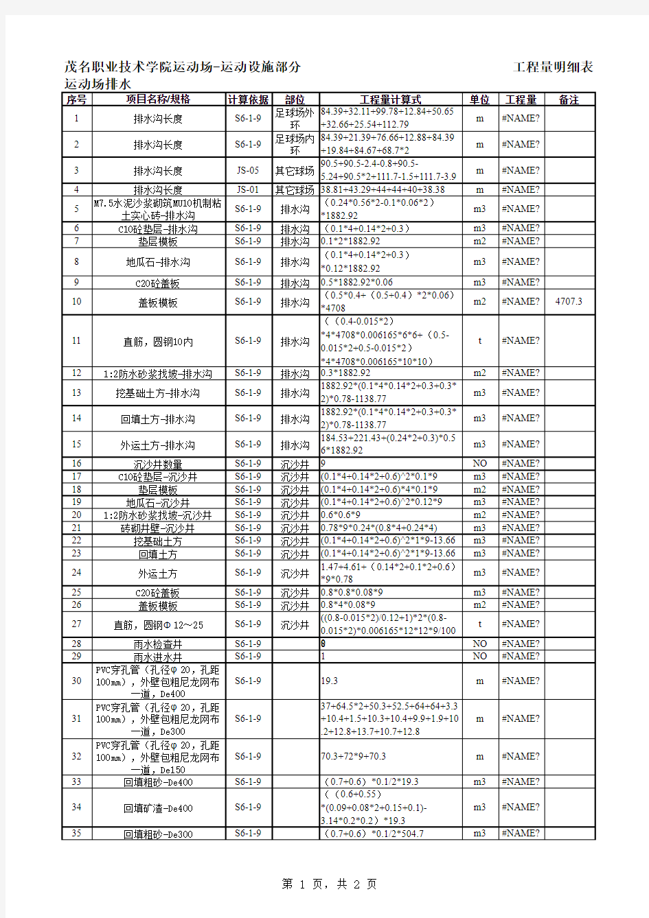 工程量计算表模板