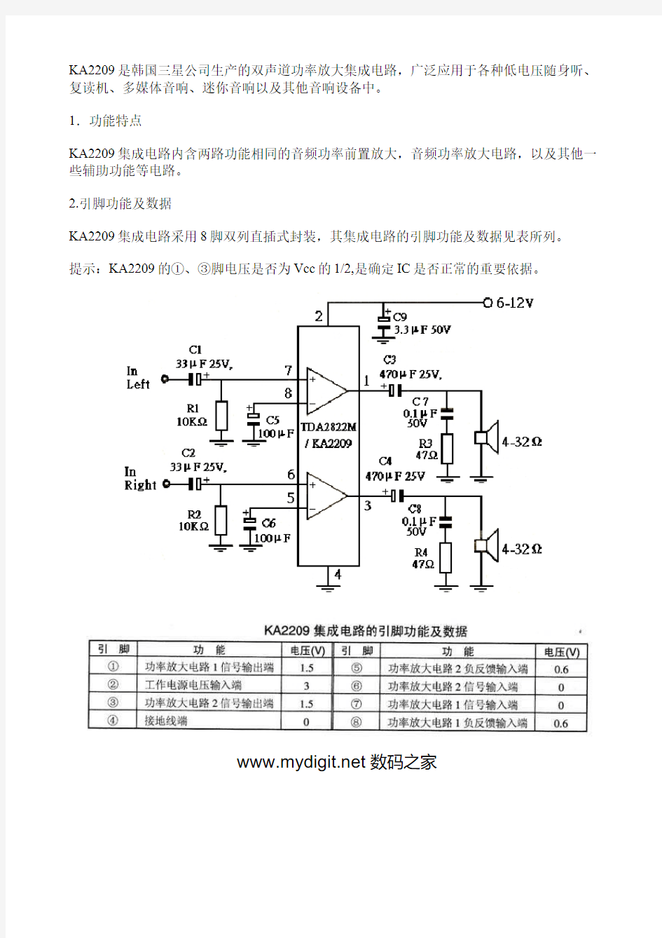 KA2209双声道功率放大集成电路