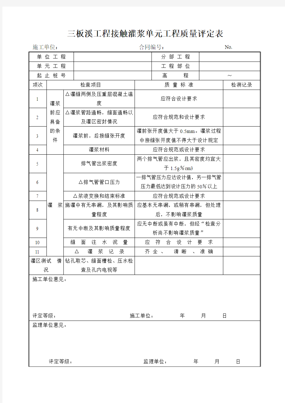 工程接触灌浆单元工程质量评定表