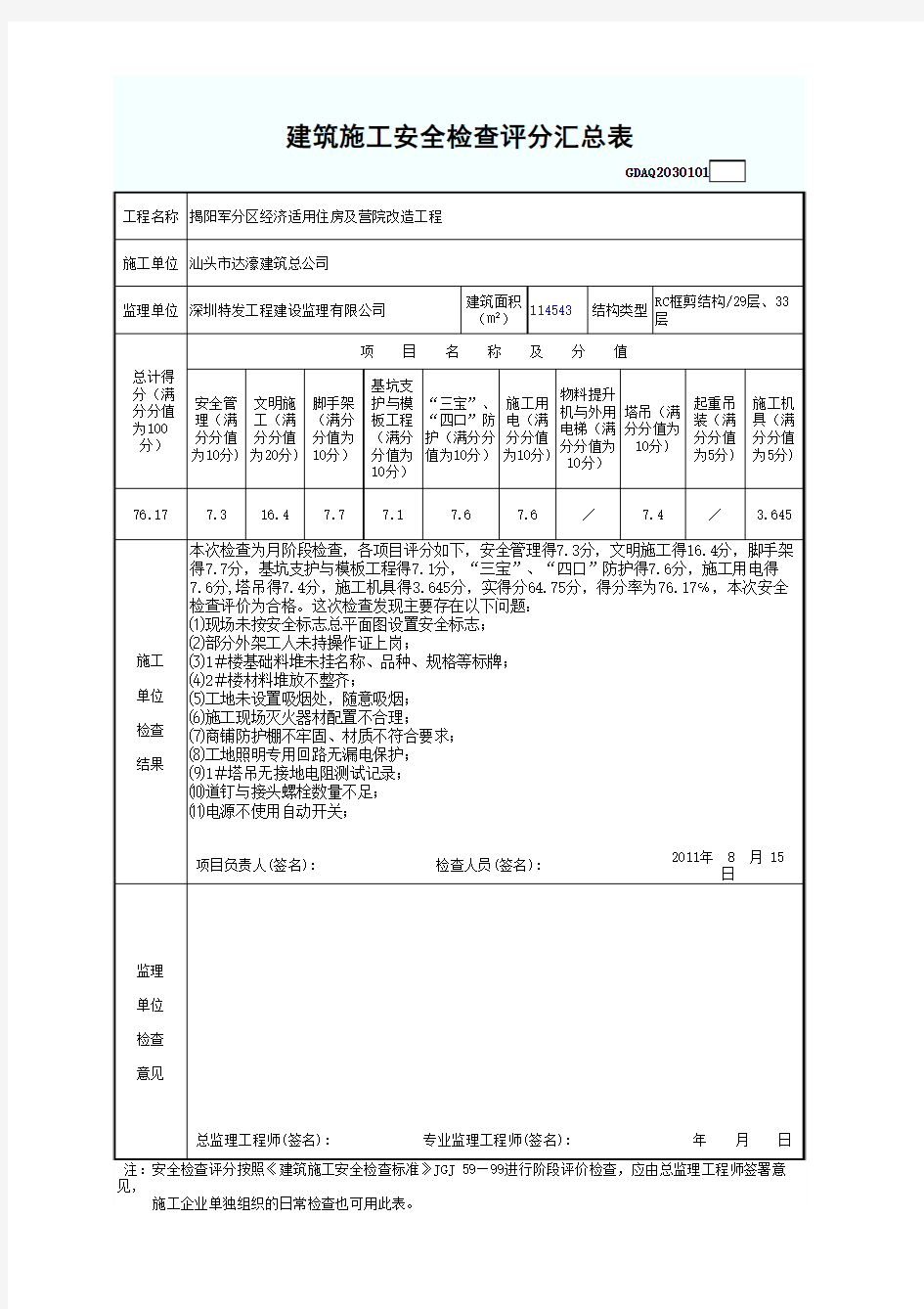 建筑施工安全检查评分汇总表(范文)