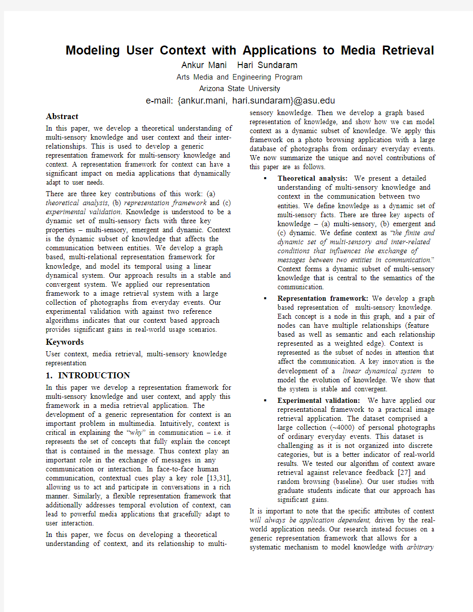 Sundaram H. Modeling User Context with Applications to Media Retrieval